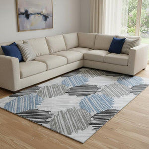 HomeRoots 9' X 12' Stylish Blue Ivory Gray Geometric Area Rug - Washable, Stain-Resistant & UV Protected! 708885