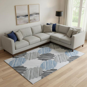 HomeRoots 10' X 14' Geometric Area Rug in Blue, Ivory & Gray - Washable, Durable, UV Protected for High-Traffic Areas 708886