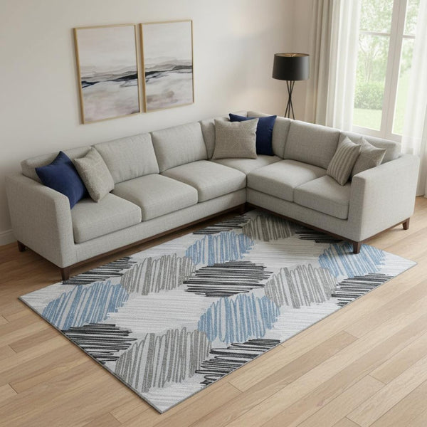HomeRoots 10' X 14' Geometric Area Rug in Blue, Ivory & Gray - Washable, Durable, UV Protected for High-Traffic Areas 708886