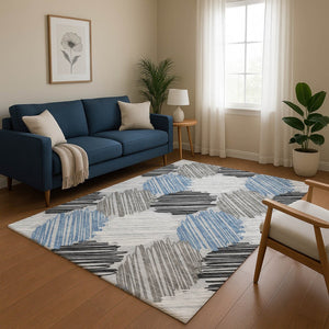HomeRoots 10' X 14' Geometric Area Rug in Blue, Ivory & Gray - Washable, Durable, UV Protected for High-Traffic Areas 708886