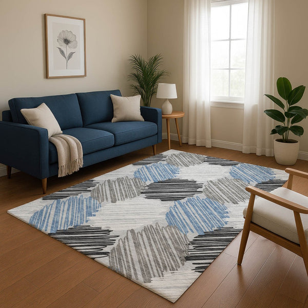 HomeRoots 10' X 14' Geometric Area Rug in Blue, Ivory & Gray - Washable, Durable, UV Protected for High-Traffic Areas 708886