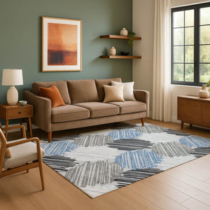 HomeRoots 10' X 14' Geometric Area Rug in Blue, Ivory & Gray - Washable, Durable, UV Protected for High-Traffic Areas 708886