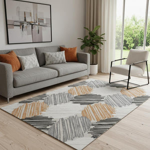 HomeRoots 8' Copper Geometric Round Rug - Washable Area Rug with UV Protection, Stain Resistance & Non-Slip Backing 708889