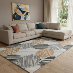 HomeRoots 9' X 12' Copper Ivory Gray Area Rug - Stylish Geometric Design, Washable, UV Protected & Durable 708891