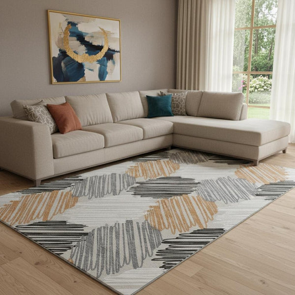 HomeRoots 9' X 12' Copper Ivory Gray Area Rug - Stylish Geometric Design, Washable, UV Protected & Durable 708891