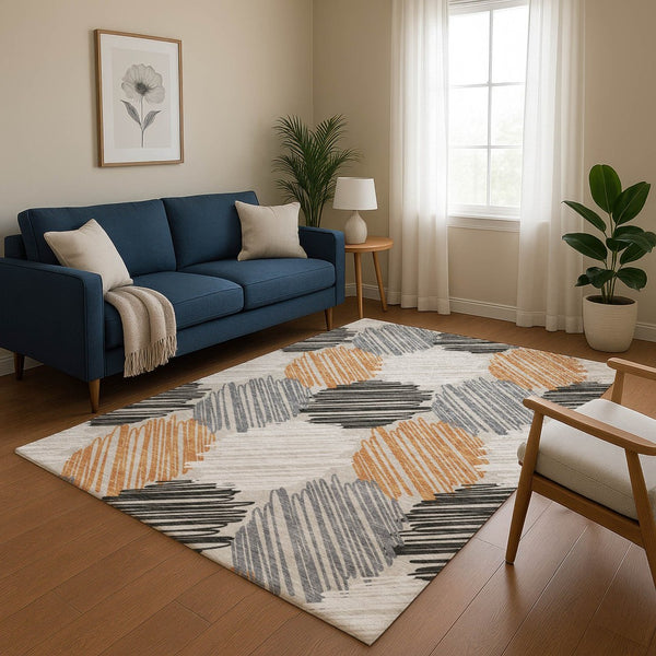 HomeRoots 9' X 12' Copper Ivory Gray Area Rug - Stylish Geometric Design, Washable, UV Protected & Durable 708891