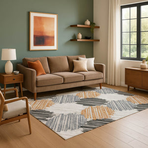 HomeRoots 9' X 12' Copper Ivory Gray Area Rug - Stylish Geometric Design, Washable, UV Protected & Durable 708891