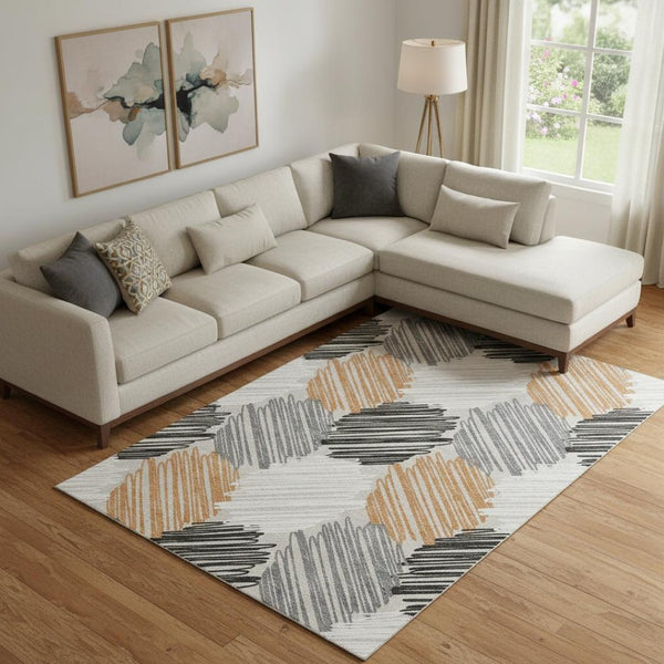 HomeRoots 10' X 14' Stylish Copper Ivory Gray Geometric Washable Area Rug with UV Protection for Busy Homes 708892