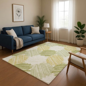 HomeRoots 5' X 8' Geometric Area Rug in Green, Ivory & Gray – Washable, Stain Resistant with UV Protection! 708894