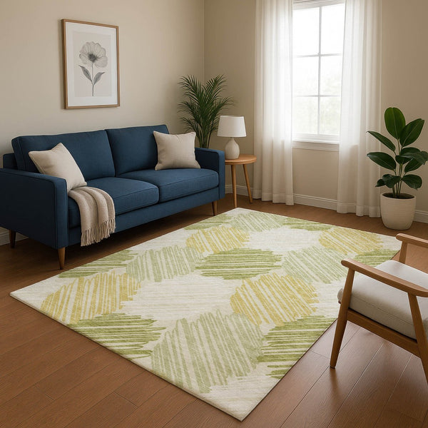 HomeRoots 5' X 8' Geometric Area Rug in Green, Ivory & Gray – Washable, Stain Resistant with UV Protection! 708894