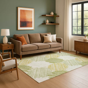 HomeRoots 5' X 8' Geometric Area Rug in Green, Ivory & Gray – Washable, Stain Resistant with UV Protection! 708894