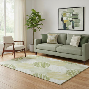 HomeRoots 8' Green Ivory and Gray Geometric Round Rug - Durable, Washable, UV-Protected for High Traffic Areas 708895