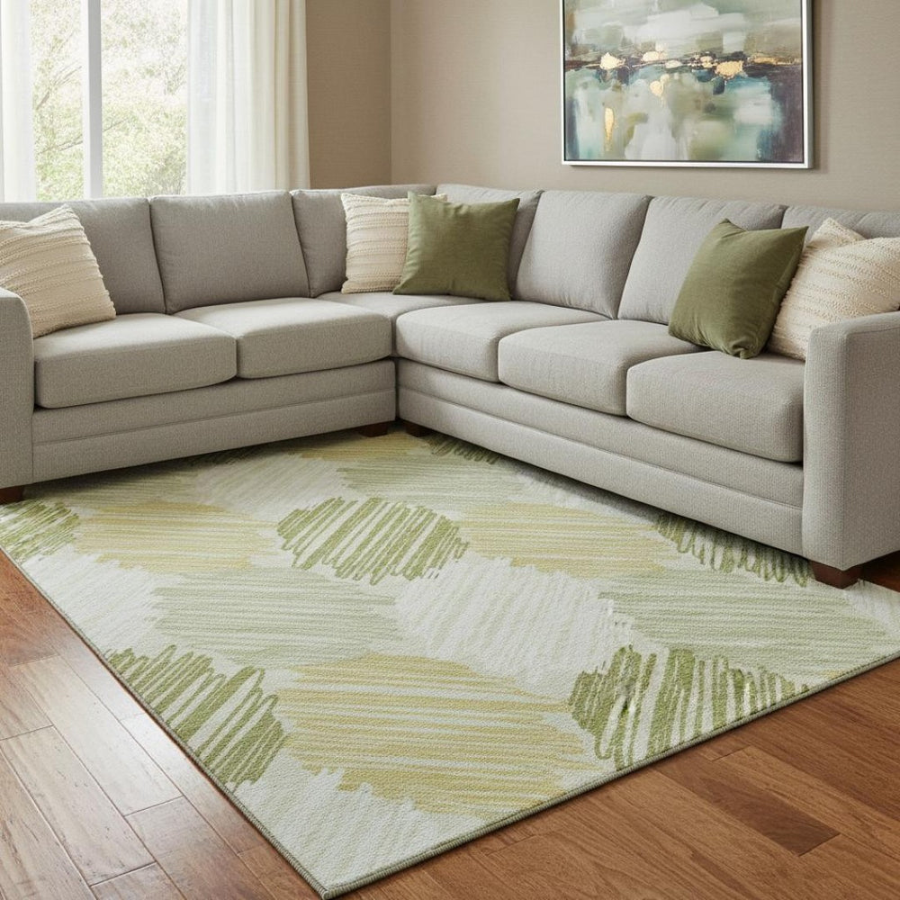 HomeRoots 9' X 12' Stylish Green Ivory Gray Geometric Washable Area Rug with UV Protection for Home Decor 708897