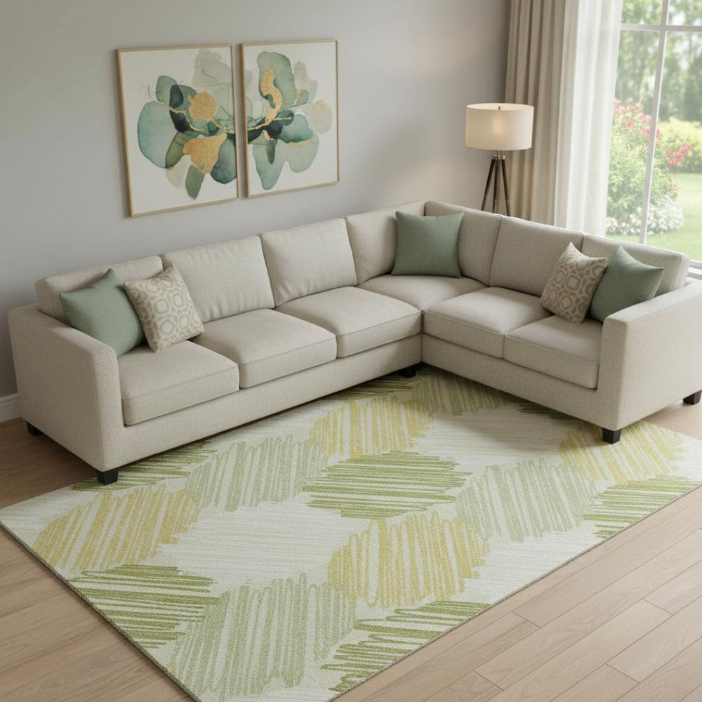 HomeRoots 10' X 14' Modern Green Ivory Gray Geometric Area Rug – Washable, UV-Protected, Stain-Resistant Design 708898