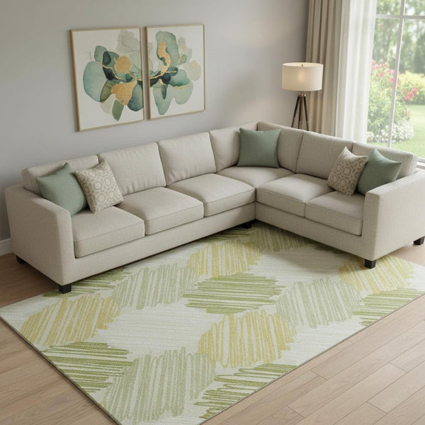 HomeRoots 10' X 14' Modern Green Ivory Gray Geometric Area Rug – Washable, UV-Protected, Stain-Resistant Design 708898