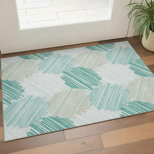 HomeRoots 5' X 8' Teal, Ivory & Gray Geometric Area Rug - Washable, UV Protected, Stain Resistant, Stylish! 708900