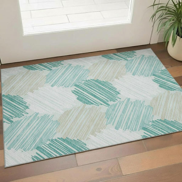 HomeRoots 5' X 8' Teal, Ivory & Gray Geometric Area Rug - Washable, UV Protected, Stain Resistant, Stylish! 708900