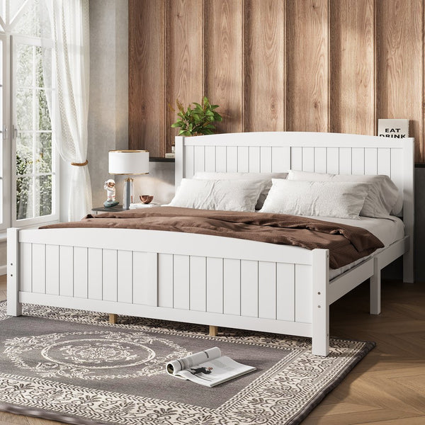 English Elm King Solid Wood Platform Bed with Slatted Support, Modern White Finish, No Box Spring Needed, Sturdy Design Light White W1580P374314