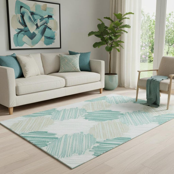 HomeRoots 8' Teal Ivory Gray Geometric Washable Round Rug - Durable, UV-Protected, Non-Slip for Family Spaces 708901