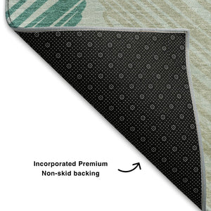 HomeRoots 8' Teal Ivory Gray Geometric Washable Round Rug - Durable, UV-Protected, Non-Slip for Family Spaces 708901