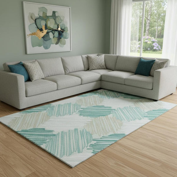 HomeRoots 9' X 12' Stylish Teal Ivory Gray Geometric Washable Area Rug with UV Protection for Busy Homes 708903