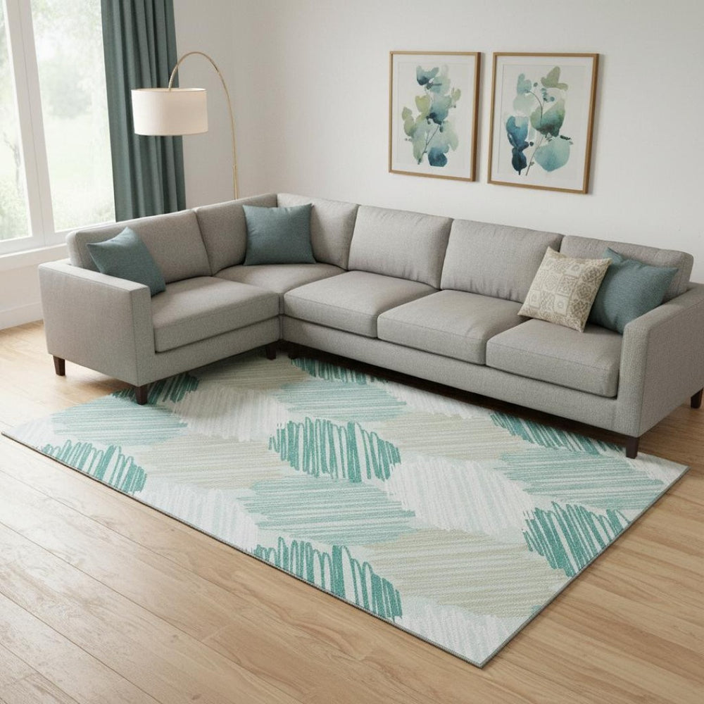 HomeRoots 10' X 14' Teal, Ivory & Gray Geometric Area Rug - Washable, UV-Protected for Modern Living Spaces 708904
