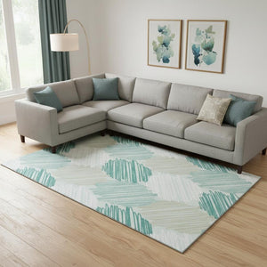 HomeRoots 10' X 14' Teal, Ivory & Gray Geometric Area Rug - Washable, UV-Protected for Modern Living Spaces 708904