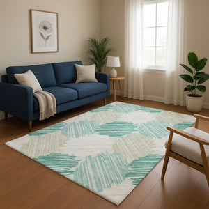HomeRoots 10' X 14' Teal, Ivory & Gray Geometric Area Rug - Washable, UV-Protected for Modern Living Spaces 708904