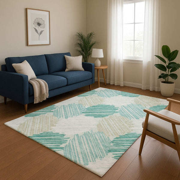 HomeRoots 10' X 14' Teal, Ivory & Gray Geometric Area Rug - Washable, UV-Protected for Modern Living Spaces 708904