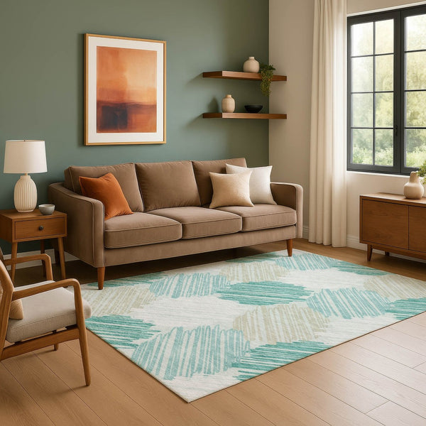 HomeRoots 10' X 14' Teal, Ivory & Gray Geometric Area Rug - Washable, UV-Protected for Modern Living Spaces 708904