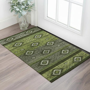 HomeRoots 5' X 8' Artichoke Green and Gray Tribal Washable Area Rug - Durable, Stain Resistant & UV Protected Design 708906