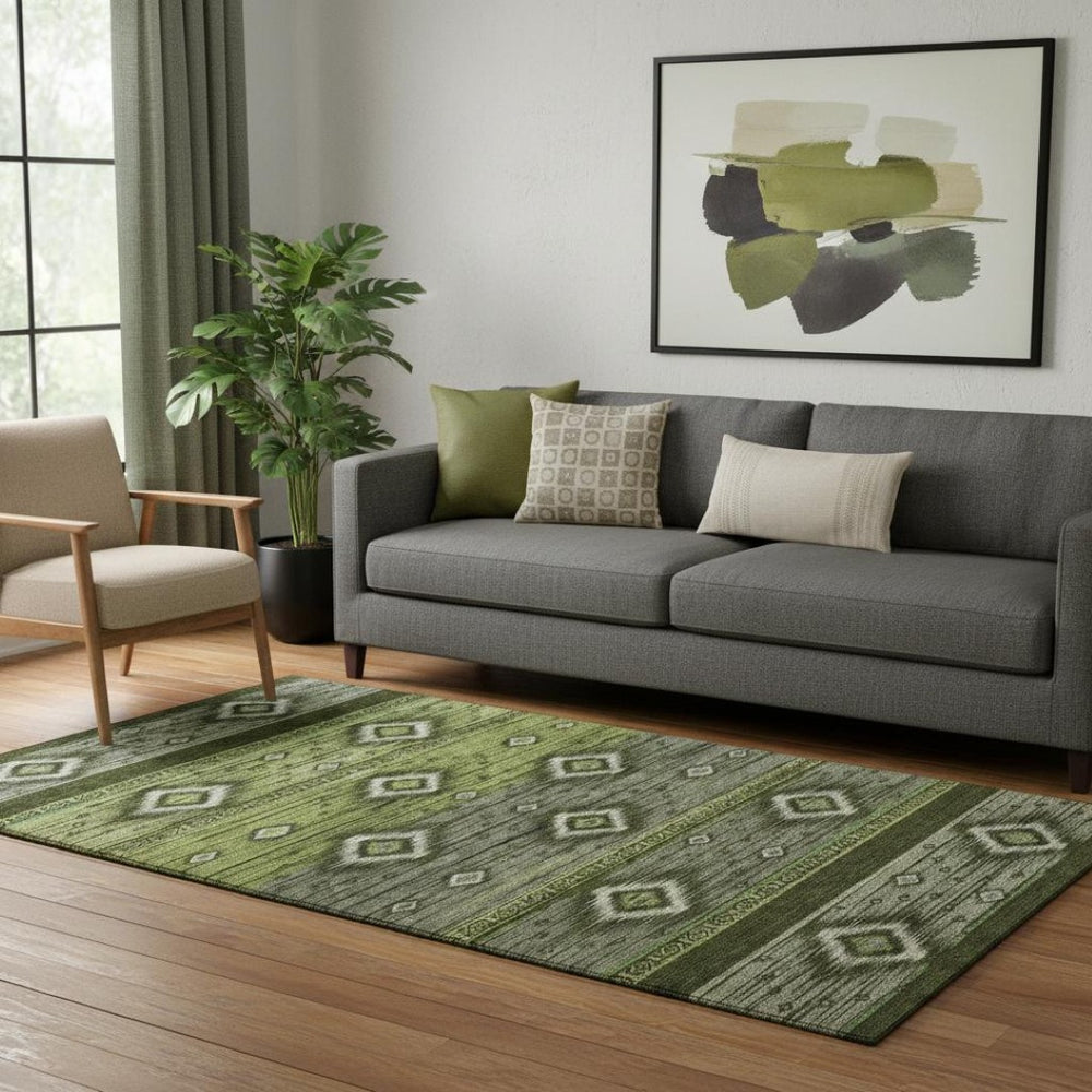 HomeRoots 8' Artichoke Green and Gray Tribal Washable Round Rug – Durable, UV-Protected, Soft & Stylish! 708907
