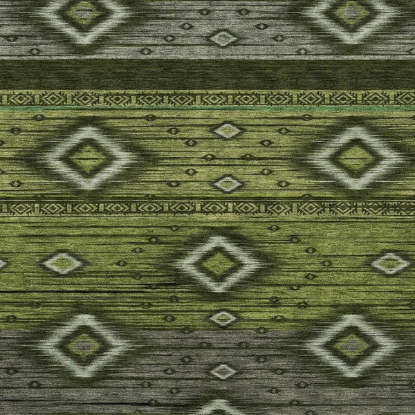 HomeRoots 8' Artichoke Green and Gray Tribal Washable Round Rug – Durable, UV-Protected, Soft & Stylish! 708907