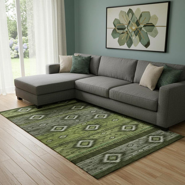 HomeRoots 9' X 12' Artichoke Green Tribal Washable Rug - Durable, UV-Protected, Non-Slip, Ideal for Busy Homes 708909