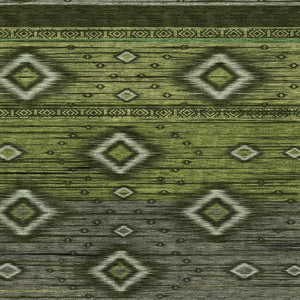 HomeRoots 9' X 12' Artichoke Green Tribal Washable Rug - Durable, UV-Protected, Non-Slip, Ideal for Busy Homes 708909