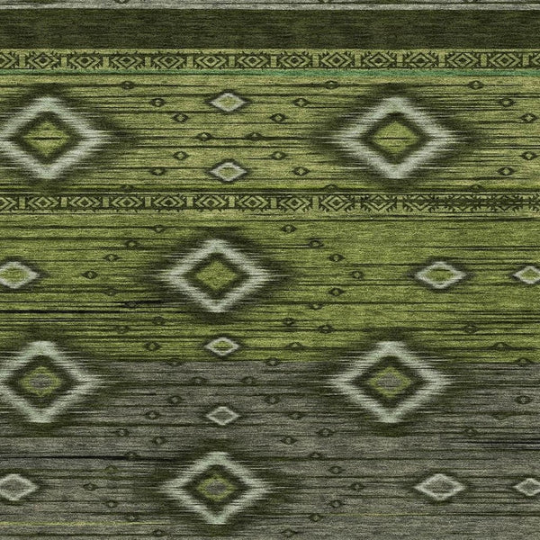 HomeRoots 9' X 12' Artichoke Green Tribal Washable Rug - Durable, UV-Protected, Non-Slip, Ideal for Busy Homes 708909