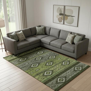 HomeRoots 10' x 14' Artichoke Green Tribal Washable Area Rug with UV Protection - Stylish, Durable & Pet-Friendly! 708910