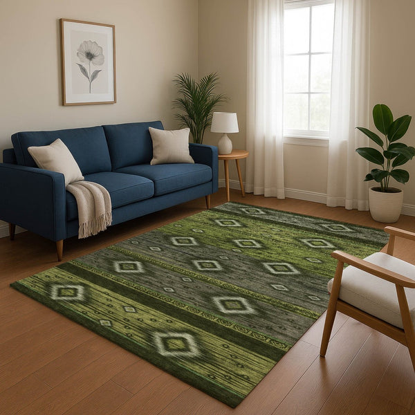 HomeRoots 10' x 14' Artichoke Green Tribal Washable Area Rug with UV Protection - Stylish, Durable & Pet-Friendly! 708910