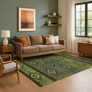 HomeRoots 10' x 14' Artichoke Green Tribal Washable Area Rug with UV Protection - Stylish, Durable & Pet-Friendly! 708910
