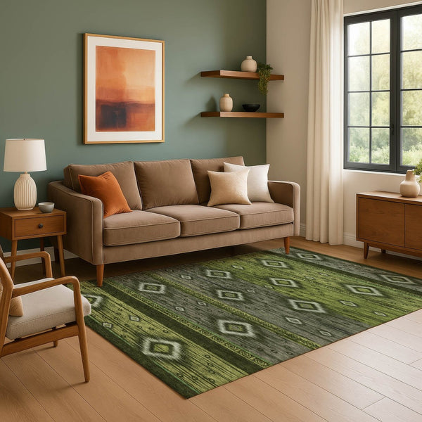 HomeRoots 10' x 14' Artichoke Green Tribal Washable Area Rug with UV Protection - Stylish, Durable & Pet-Friendly! 708910