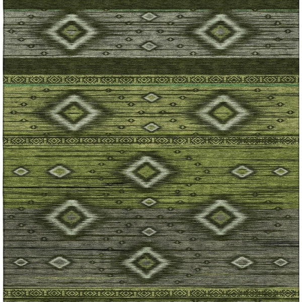 HomeRoots 10' x 14' Artichoke Green Tribal Washable Area Rug with UV Protection - Stylish, Durable & Pet-Friendly! 708910