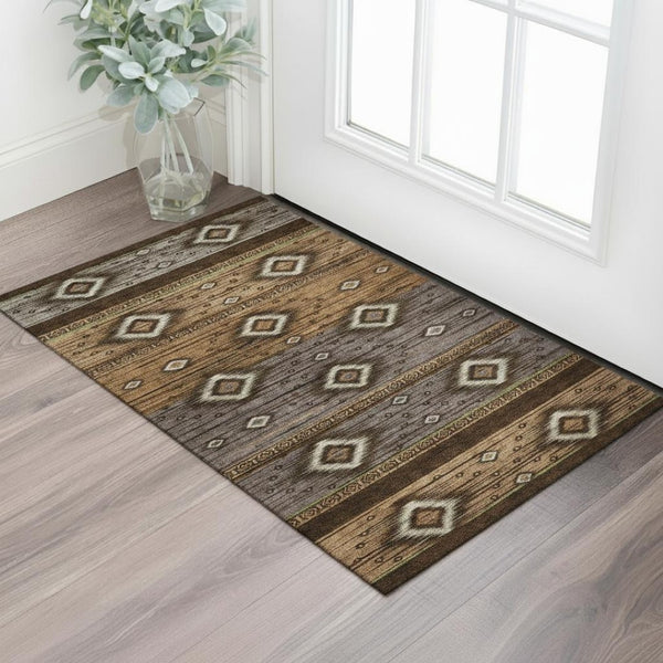 HomeRoots 5' X 8' Chocolate & Gray Tribal Area Rug - Stain-Resistant, UV Protected, Perfect for Busy Homes! 708912