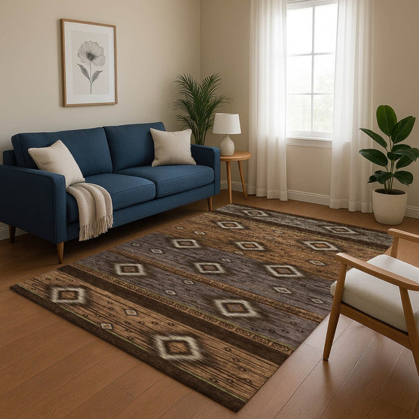 HomeRoots 5' X 8' Chocolate & Gray Tribal Area Rug - Stain-Resistant, UV Protected, Perfect for Busy Homes! 708912