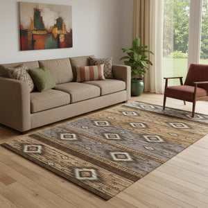 HomeRoots 8' Chocolate and Gray Tribal Washable Round Rug – UV-Protected, Stain-Resistant for Family Spaces 708913