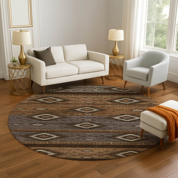 HomeRoots 8' X 10' Chocolate and Gray Tribal Area Rug - Washable, UV-Protected, Ideal for High-Traffic Spaces 708914