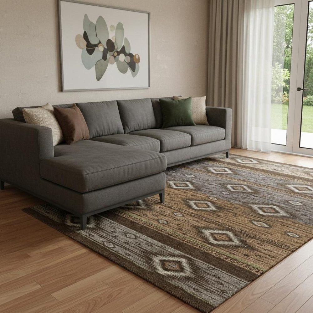 HomeRoots 9' X 12' Chocolate and Gray Tribal Area Rug - UV Protected, Stain-Resistant, Easy-Care Design for Homes 708915