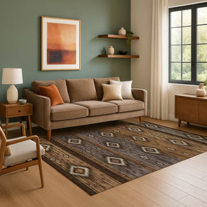 HomeRoots 9' X 12' Chocolate and Gray Tribal Area Rug - UV Protected, Stain-Resistant, Easy-Care Design for Homes 708915