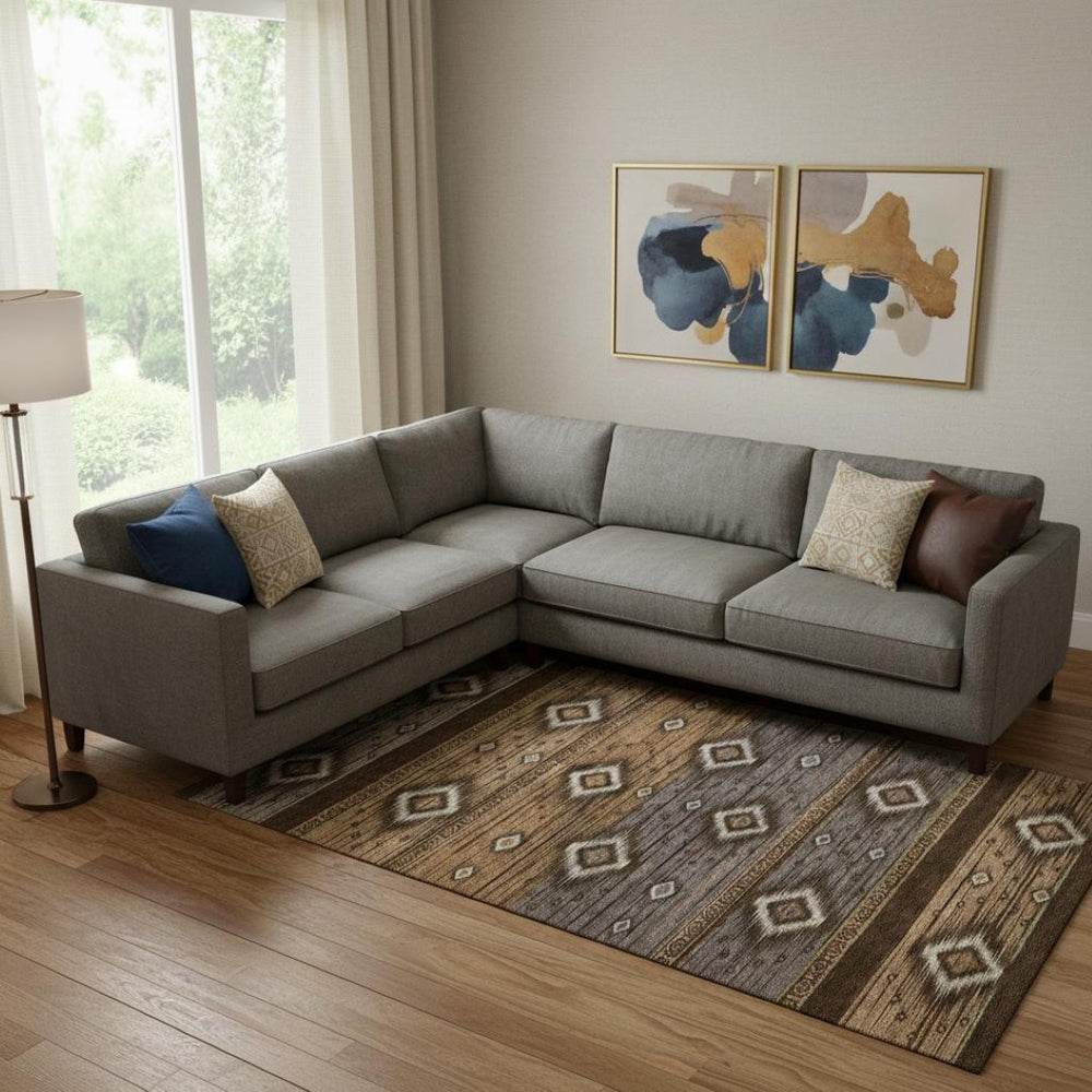 HomeRoots 10' X 14' Chocolate & Gray Tribal Area Rug - Durable, Stain-Resistant, UV Protected for Stylish Spaces 708916