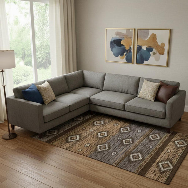 HomeRoots 10' X 14' Chocolate & Gray Tribal Area Rug - Durable, Stain-Resistant, UV Protected for Stylish Spaces 708916