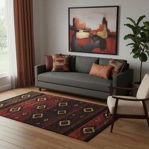 HomeRoots 8' Bold Red, Black & Gold Tribal Round Washable Rug with UV Protection for High-Traffic Areas 708919